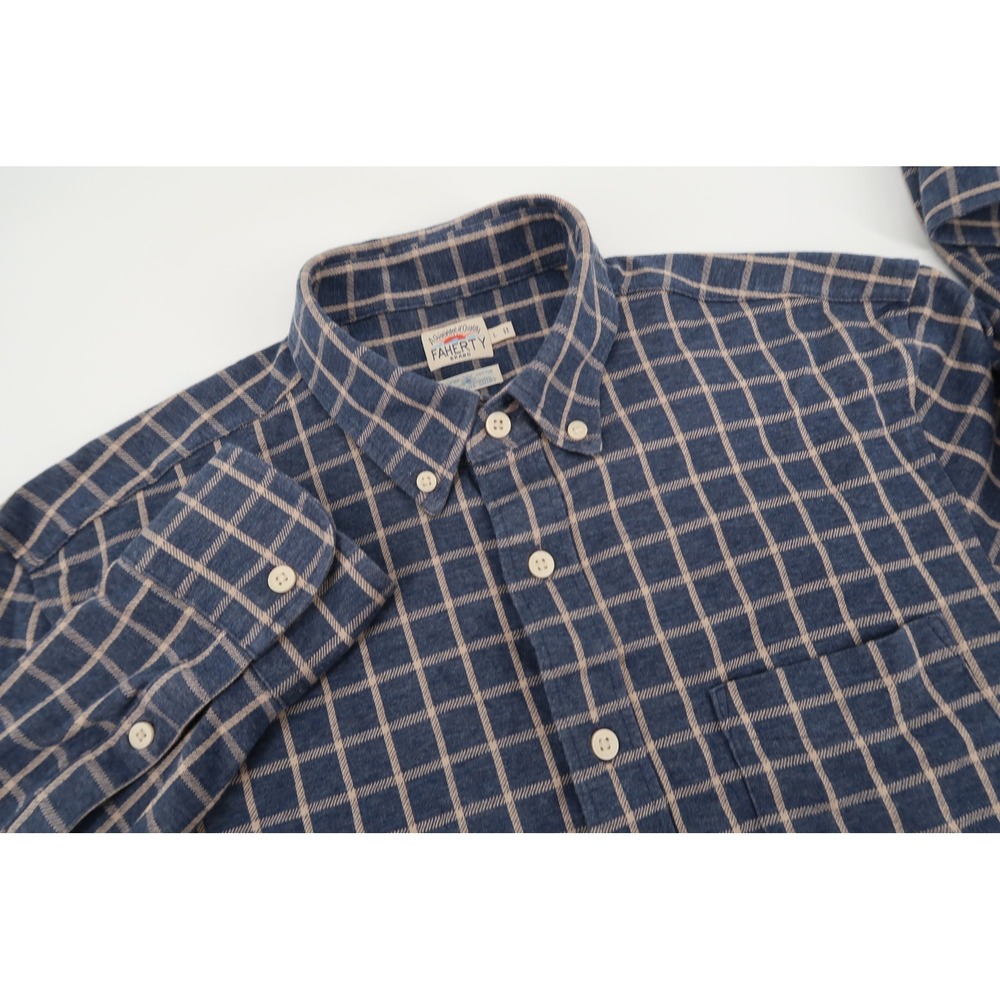 Faherty Coastline Knit Shirt Mens Large Navy Tan Windowpane Cotton MXF2400